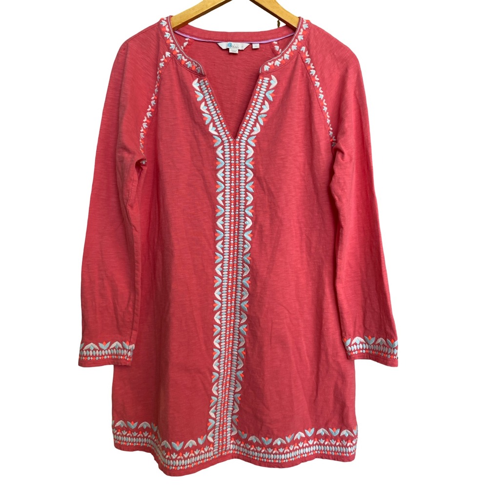 Boden Embroidered Long Sleeve Tunic Top Coral Pink Cotton Boho Slub Size M